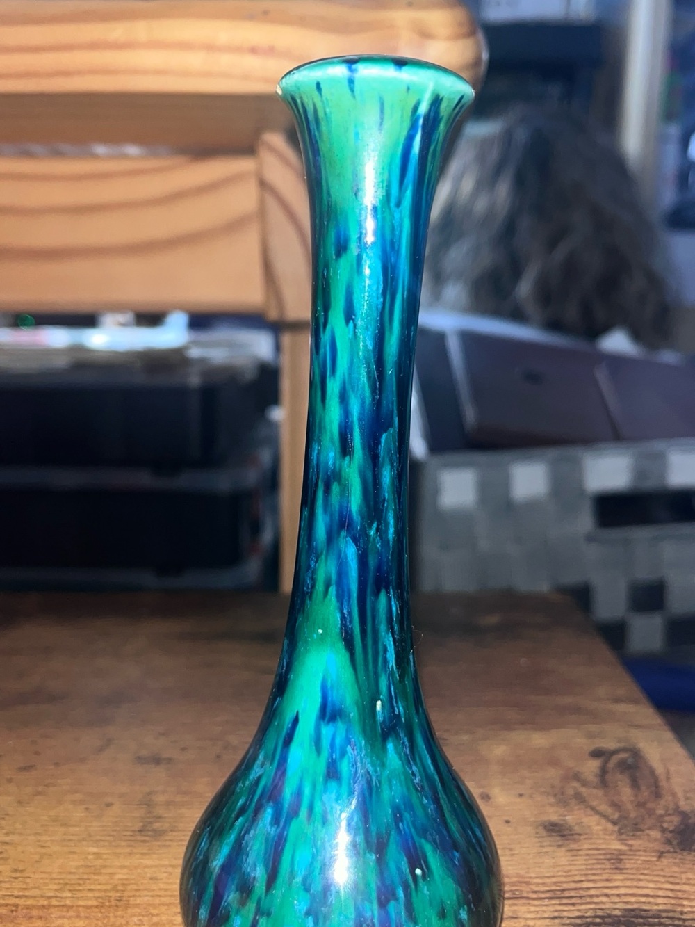 Vintage Blue / Green Drip-glaze bud vase Vibrant blue Modern MCM decor 767